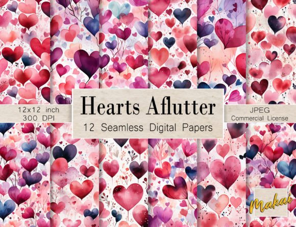 12 Watercolor Valentines Heart Patterns