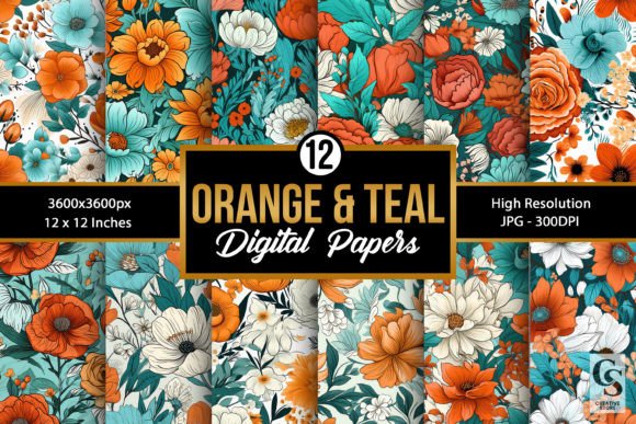Orange Teal Flowers Seamless Patterns for Creative Projects