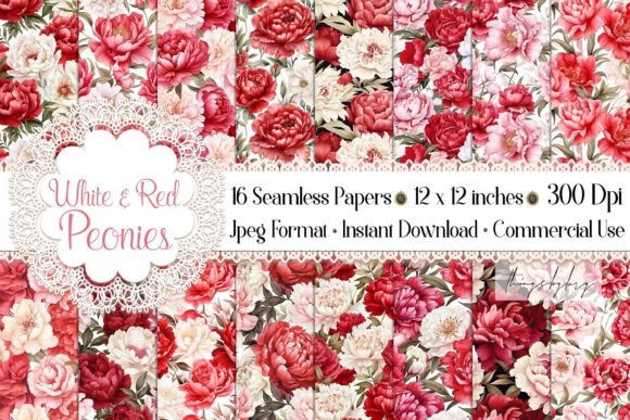 Unlocking Elegance with 16 Seamless White and Red Peony Patterns